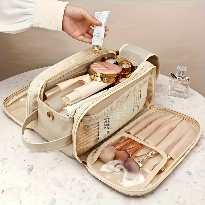 Solid Travel Makeup Organizer for Women, Large-Capacity Cosmetic Bag with Multiple Compartments and Integrated Brush Holder, Vanity Organization, Polyester Fabric, Portable Vanity, Multi-Compartment, On-The-Go, International Travel, Beauty On The Go, Make