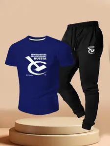 Neutral Reinterpreting Russian Hammer Sickle Print Two-Piece Set, Casual Short Sleeve T-Shirt & Sport Pants, Summer Soviet Street Style