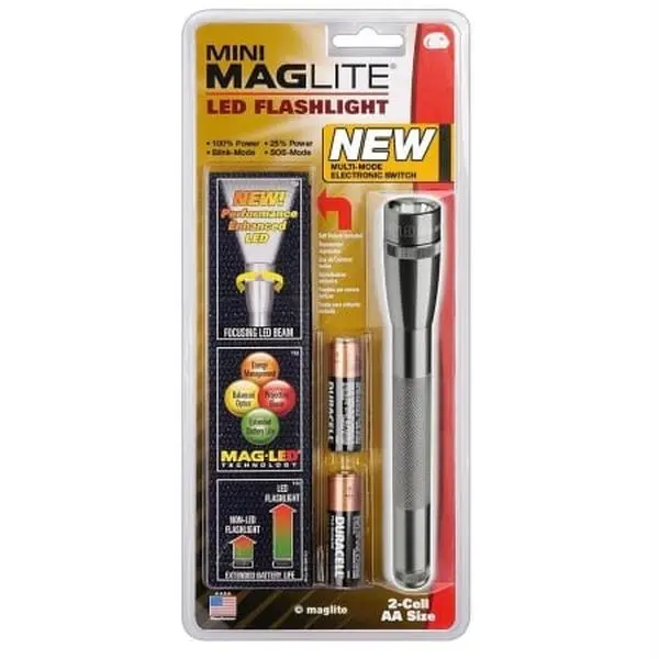 Gray 2-Cell AA Mini Maglite LED Flashlight with Holster, Adjustable Beam, Rotating Head, Bright Illumination