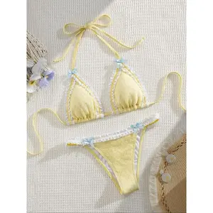 Two-piece Set Women's Contrast Lace Bow Decor Bikini Set, Casual Tie Back Swim Bra & Swim Panty, Ladies Swimsuit for Beach Holiday Vacation, Tie Back Bikinis Sets, Summer Swimsuit Set, Summer Bikini Beach