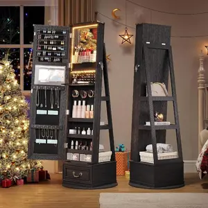 360° Swivel Jewelry Organizer  Full Length   Lights,Jewelry Armoire Cabinet Standing  Drawers,Large  Storage For Jewelry And Makeup,Best Gift For Wife & Girls, Wood Grain Black with mirror