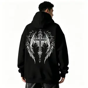 Men Gothic Winged Cross Hooded Sweatshirt In Dark Green For Casual Fall And Spring Wear