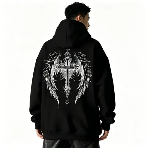 Men Gothic Winged Cross Hooded Sweatshirt In Dark Green For Casual Fall And Spring Wear