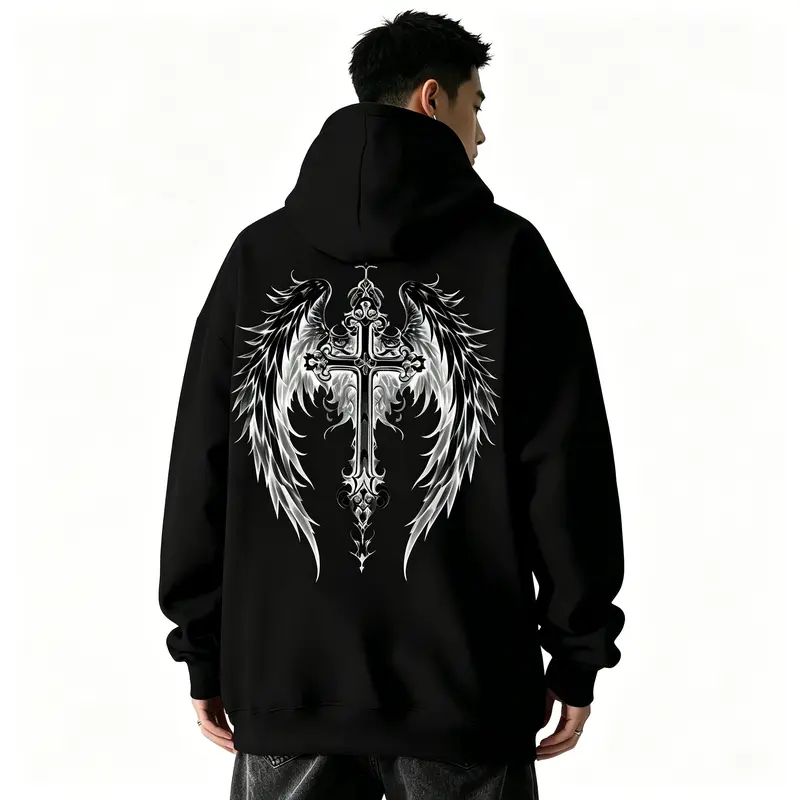 Men Gothic Winged Cross Hooded Sweatshirt In Dark Green For Casual Fall And Spring Wear