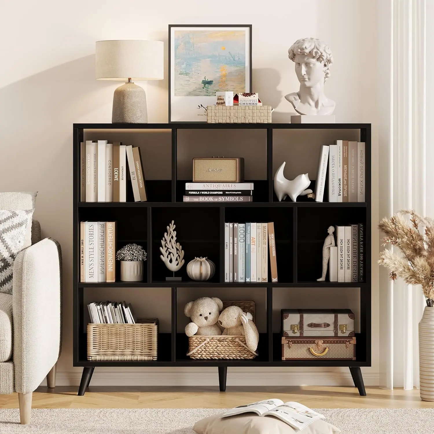 10 Cube Bookshelf, 3 Tier Wooden Book Shelf, Modern Black Short Bookcase with Solid Wood Legs, Small Book Cases Vintage Wide Storage Organizer with Open Shelf for Kids, Small Spaces, Bedroom, Office