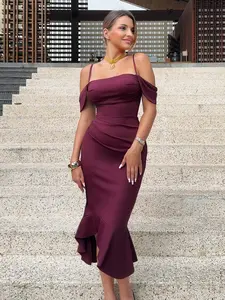 CurvySweet Women's Off Shoulder Drape Neckline Built-In Bra Ruched Waist Ruffle for Cocktail Party & Date Night gown formal dress