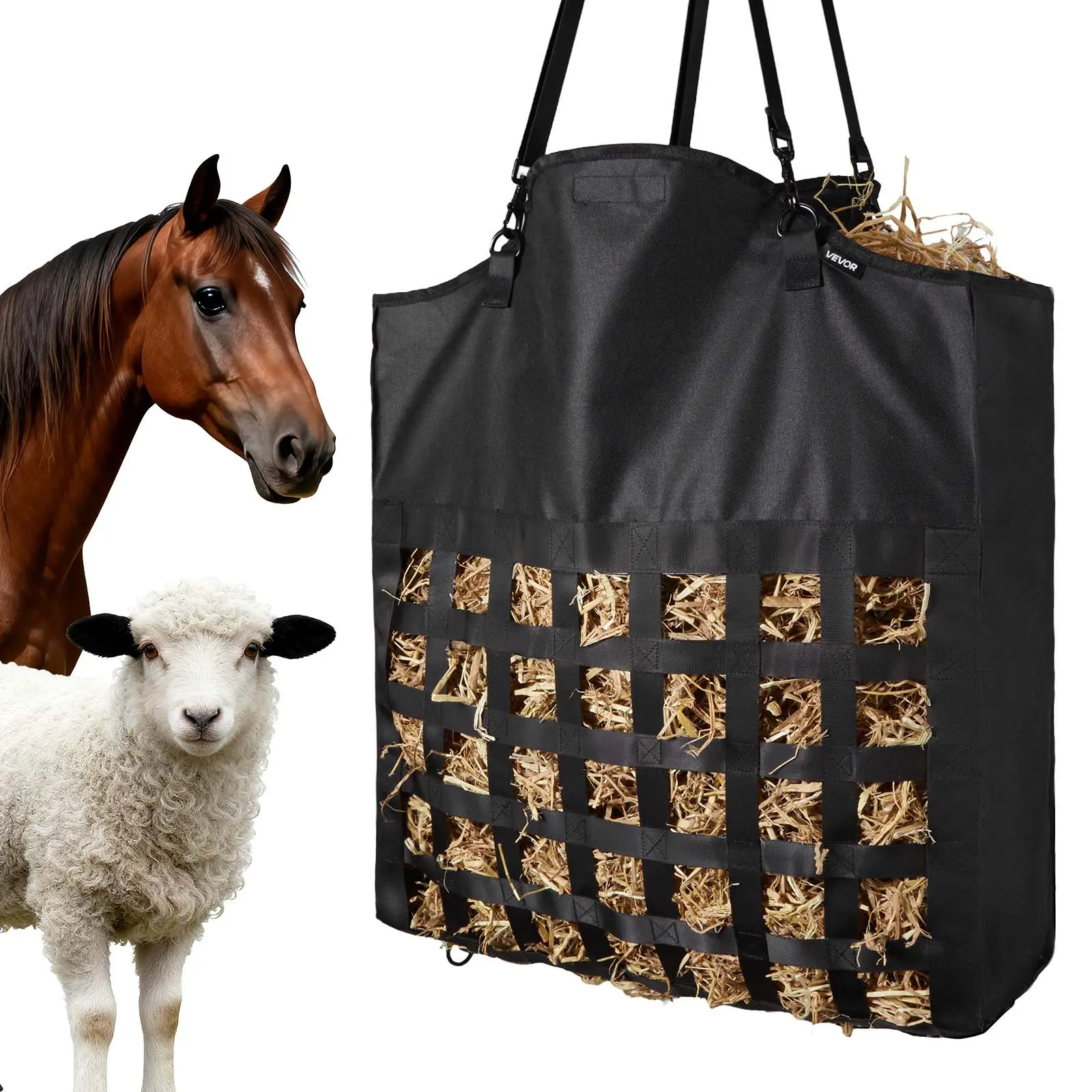 【SummerFinds】VEVOR Hay Bag for Horses, 21.65 x 7.28 x 25.2 in, 1.81 x 1.81 in Holes, Premium Nylon Construction with PVC Waterproof Coating, Adjustable Hanging Straps and Metal Hooks, Slow Feed Hay Bag for Horses