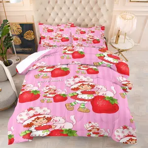 Cute Strawberry Girl Patchwork Print Comforter Set, Includes 1 Quilt and 1 or 2 Coreless Pillowcases, Vintage Sweetheart Style Cozy Soft Children's Room Bedroom Decor, A Gift for Your Child