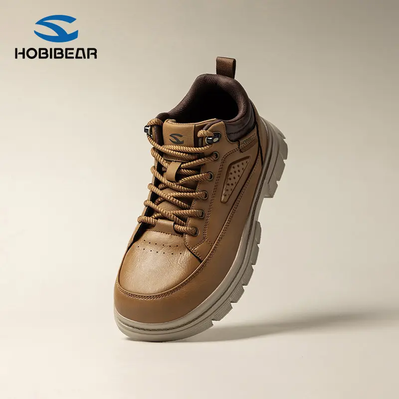 HOBIBEAR Men's Mid-Calf Wide Toe PU Leather Boots - Lace-Up, Flat Heel, All Seasons, Flexible EVA Thick Sole Casual Work & Daily Walking Footwear