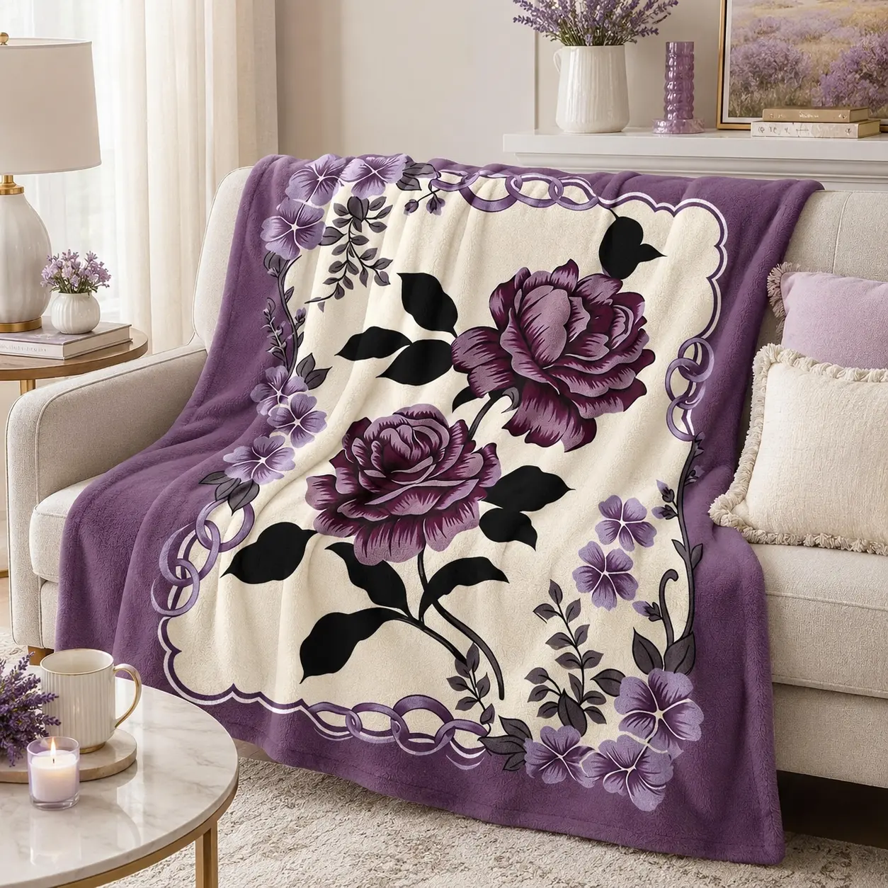 Purple Rose Flannel Blanket, Soft Cozy Floral Throw Blanket for Women, Elegant Flower Gift, Lightweight Blanket for Couch Bed Sofa Home Decor