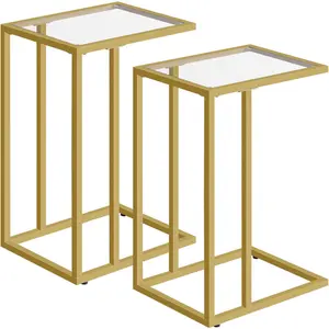 C Shaped End Table Set of 2, Tempered Glass Snack Side Table with Metal Frame, TV Tray Table for Small Space, Sofa Couch and Bed, Modern Style,  GD03SFP201