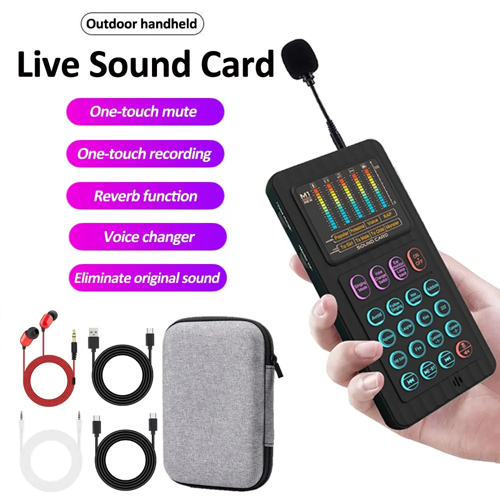 Portable Handheld Sound Card Set, Voice Changer Device, Audio Mixer, Streaming Audio Mixer, Live Audio Mixer, Wireless Bluetooth-compatible Mic Kit for Podcasts, Broadcasting, Gaming, Recording