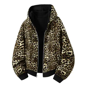 Autumn And Winter Fleece Lined Hooded Zipper Jacket Thickened Leopard Print Coat Casual Warm Top for Women