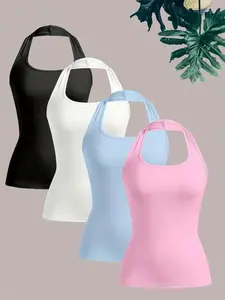 Women's Solid Backless Halter Neck Tank Top Top for Summer, Ladies Clothes for Daily Wear, Camisole Tops