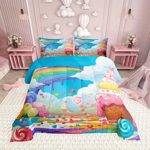 Colorful Candy Bedding Set,Ice Cream Dessert Comforter Set for Girls Room Decor Cartoon Rainbow Clouds Down Comforter Cute Sweet Food Quilt Set