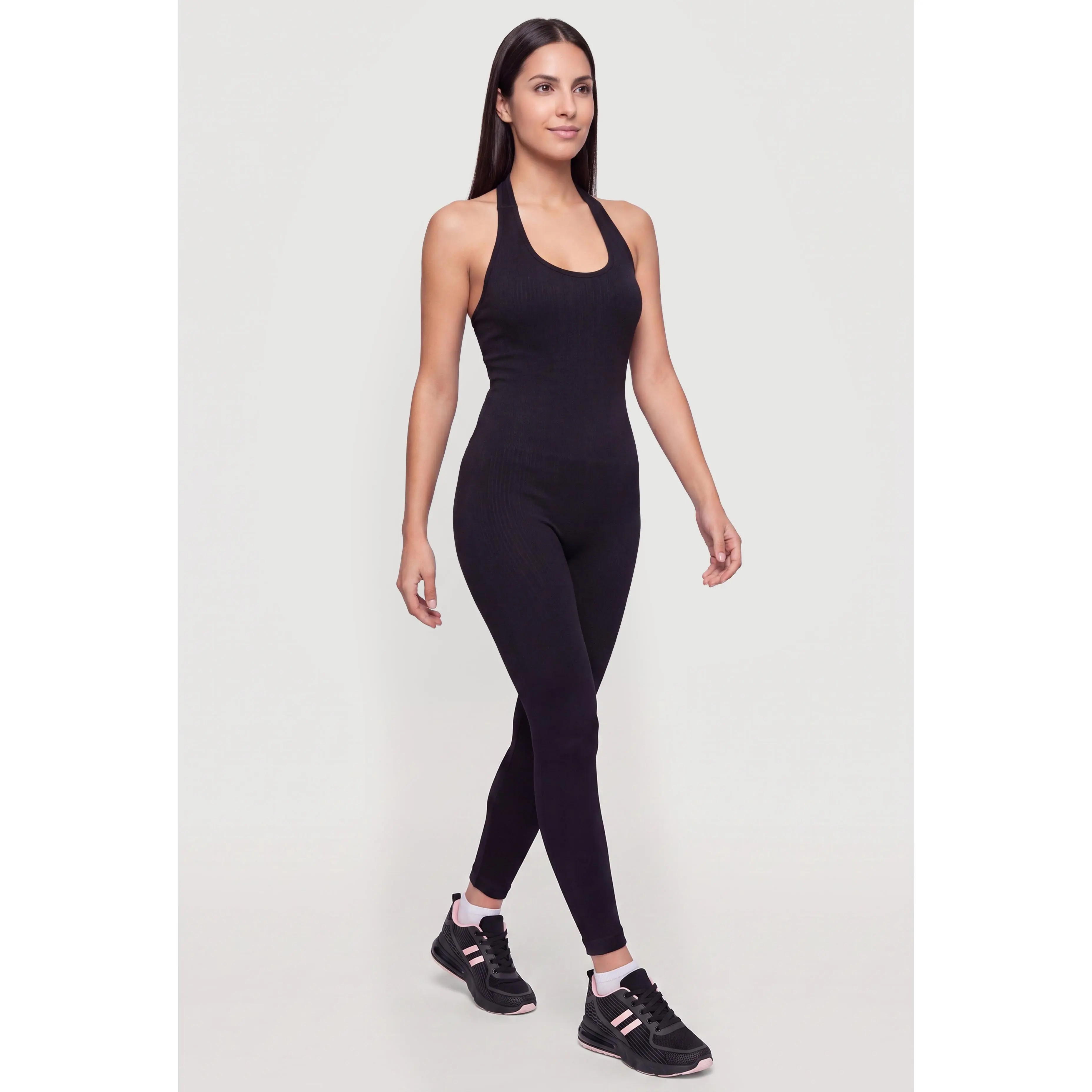 Seamless Compression Rib Open Back Halter Jumpsuit