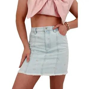 Darling Denim Bow Embroidered Mini Skirt