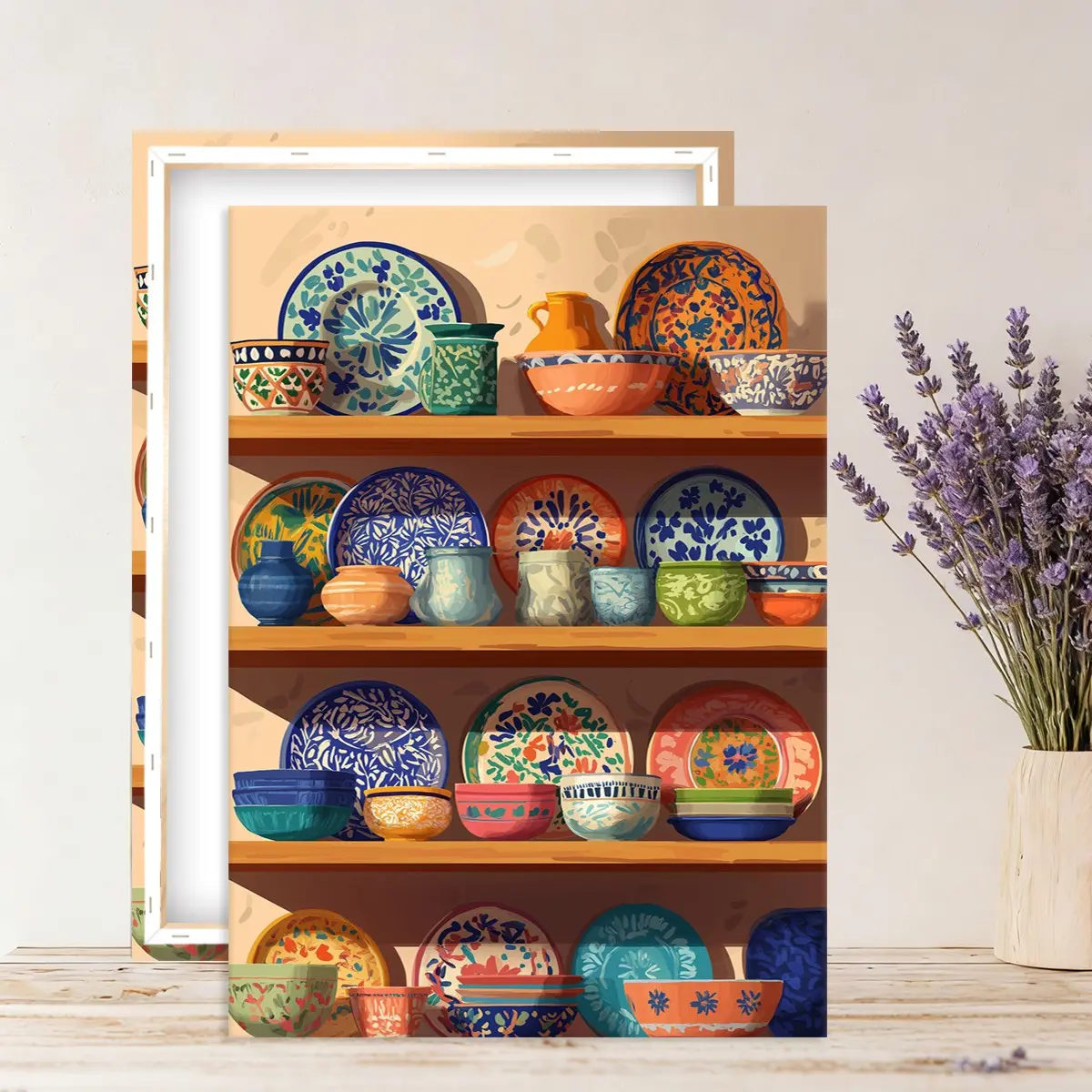 Mexican Pottery & Canvas Art, Wood-Framed Wall Decor, Rustic-Style Ceramic Utensil Holder Illustration, Mexican Candlestick, Vibrant Print, Creative Design Print, Southwestern Style, Colorful Talavera Kitchen Art, Home & Kitchen Wall Decor