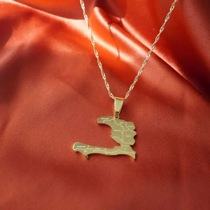 Map of Haiti 14K Gold Plated Jewelry Stainless Steel Cities in Ayiti Map Pendant Necklace for Girls Women