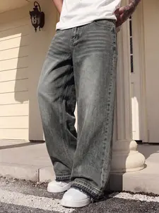 Men's Y2K Streetwear Vintage Wash Denim Jeans, Pants, Ultra-Loose Fit with Frayed Hem, Casual Daily Wear, All Seasons Gray Vintage Distressed, Oversized Loose with Fringed Cuffs, Distress
