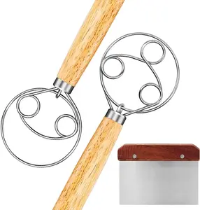 Danish Dough Whisk, 2 Pack Stainless Steel Dutch Whisk With a Dough Scraper for Bread Cake Pastry Food