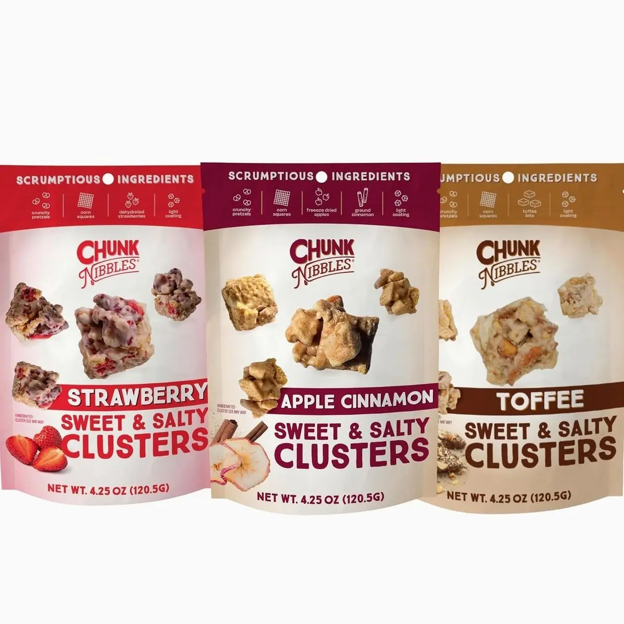 Chunk Nibbles Variety Snack Pack - Strawberry, Apple Cinnamon, Toffee Clusters - Gourmet Sweet & Salty Treat - Handcrafted, No Artificial Colors - 4.25oz Resealable Pouch (3 Pack)