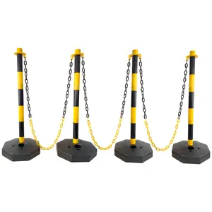 4-Pack Adjustable Traffic Delineator Post Cones with Fillable Bases, Easy Assembly, 5ft Plastic Chain, Yellow-Black Warning, Outdoor Safety Barrier for Traffic & Crowd Control