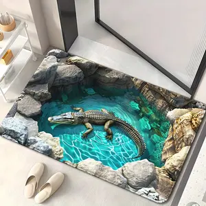 3D Illusion Crocodile Pool Bath Mat, Bathroom Decorative Mat, Non-Slip Pad for Bathroom Bedroom Living Room Entrance, Realistic Design, Blue Water Stone Background