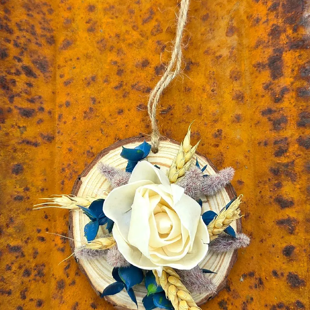 Wooden Flower Christmas Decoration Ornament - 3.5" Diameter with Navy Accents, Wheat, Hanging Home Decor for Tree & Shelves