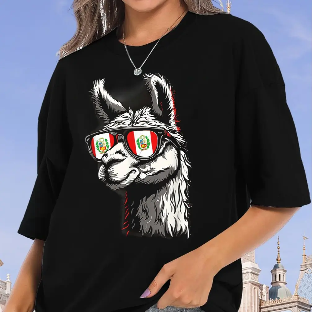 Lady's 100% Cotton Vintage Round Neck Distressed Graphic Top - Peru Alpaca Portrait, Peruvian Flag, Peruvian Pride, Casual Everyday Streetwear Tshirt