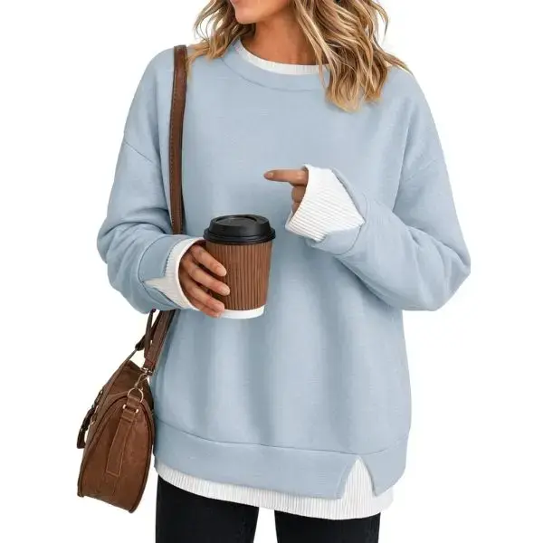 Women's Oversized Crewneck Sweatshirt Faux Layered Long Sleeve Pullover Casual Drop Shoulder Tops