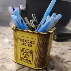 Custom Engraved QR Code Pen Holder | Laser Cut Basswood Desk Organizer