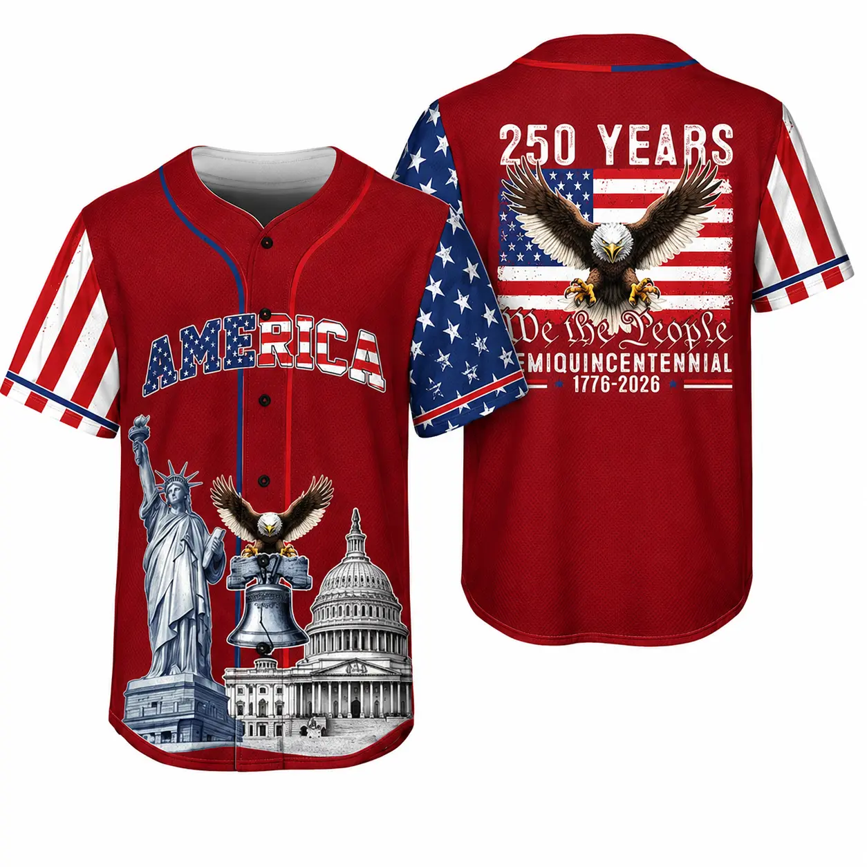 Men's Casual Sports Jersey - USA 1776-2026 250 Years Semiquincentennial, Patriotic Bald Eagle, Statue of Liberty, We The People, 4th of July Fashion Sport Jersey, Multiple Colors Available