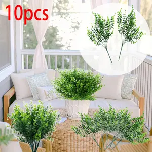 10 Bundles UV Resistant Artificial Greenery Stems Plants, Plastic Flowers & Outdoor Boxwood Shrubs - Non-Fading, Ideal for Porch, Window, Garden & Vase Decor