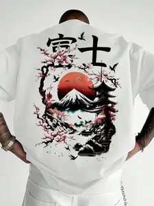 Men's Oversized Fuji Mountain Japanese Style T-Shirt, Graphic Short Sleeve with Cherry Blossom and Pagoda Print, Summer Casual Fit