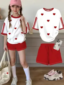 Teenage Girls' Bow Print Short Sleeve T-Shirt & Shorts Set, Casual Summer, Summer Clothes Set, Casual Outfit Set, Perfect for School & Outdoor Activities, Casual Fashion Set