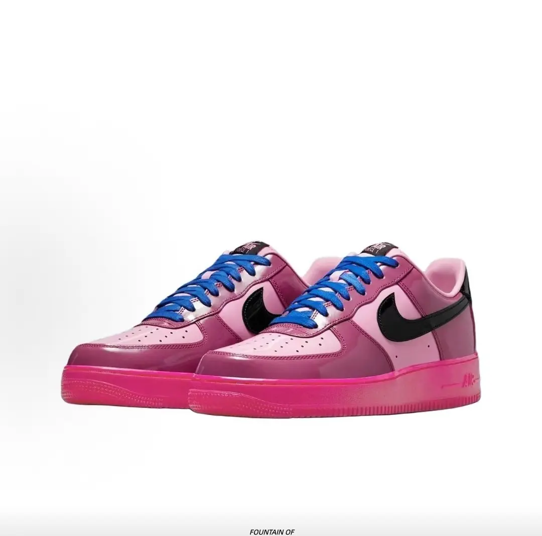 Pink Purple Color Block Glossy Low‑Top Fashion Sneakers for Men Women, Bright Blue Laces Street Style Casual Shoes with Pink Rubber Outsole