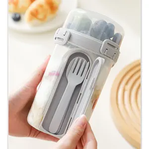 Overnight Oats Containers with Lids, Portable Dual-Layer Yogurt Cups with Dry and Wet Separation, Airtight Overnight Oats Jars with Spoon & Fork for To Go Breakfast Cereal Nut Fruit