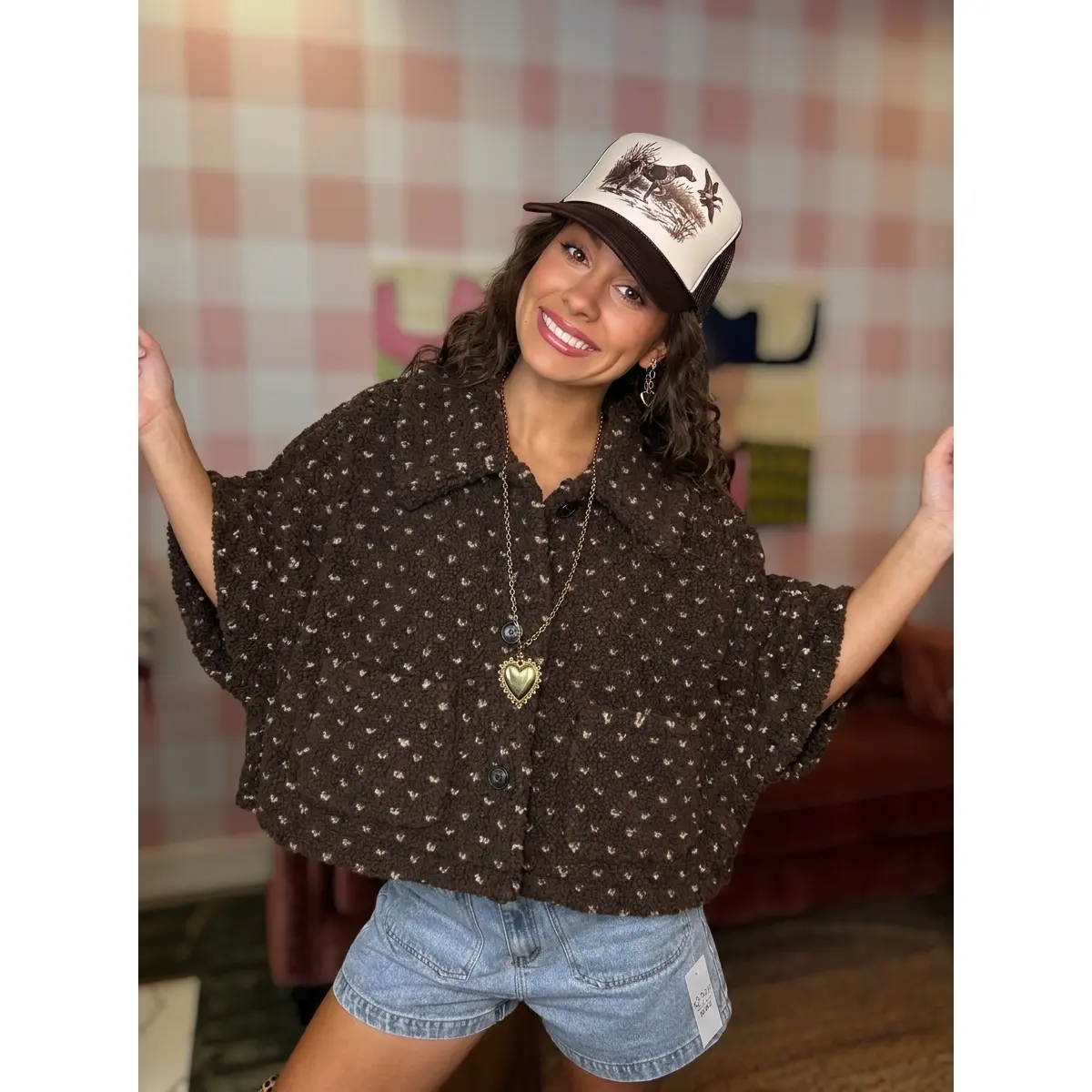 Olive Ivory Heart Print Teddy Cape Jacket