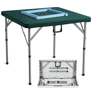 VEVOR Mahjong Table with Mahjong Tiles Set, Fold-in-Half 4 Player Card Table with 144PCS Majiang Tiles and 3 Dice, Portable Bi-Folding Domino Table with Wear-Resistant Green Tabletop Carrying Handle