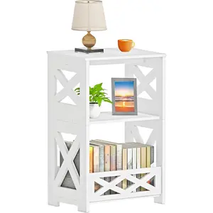 White Side Table, Small End Table with Storage Shelf, 3-Tier Nightstand Bedside Table Bookshelf Bookcase Display Rack for Small Spaces Bedroom Bathroom Living Room Office