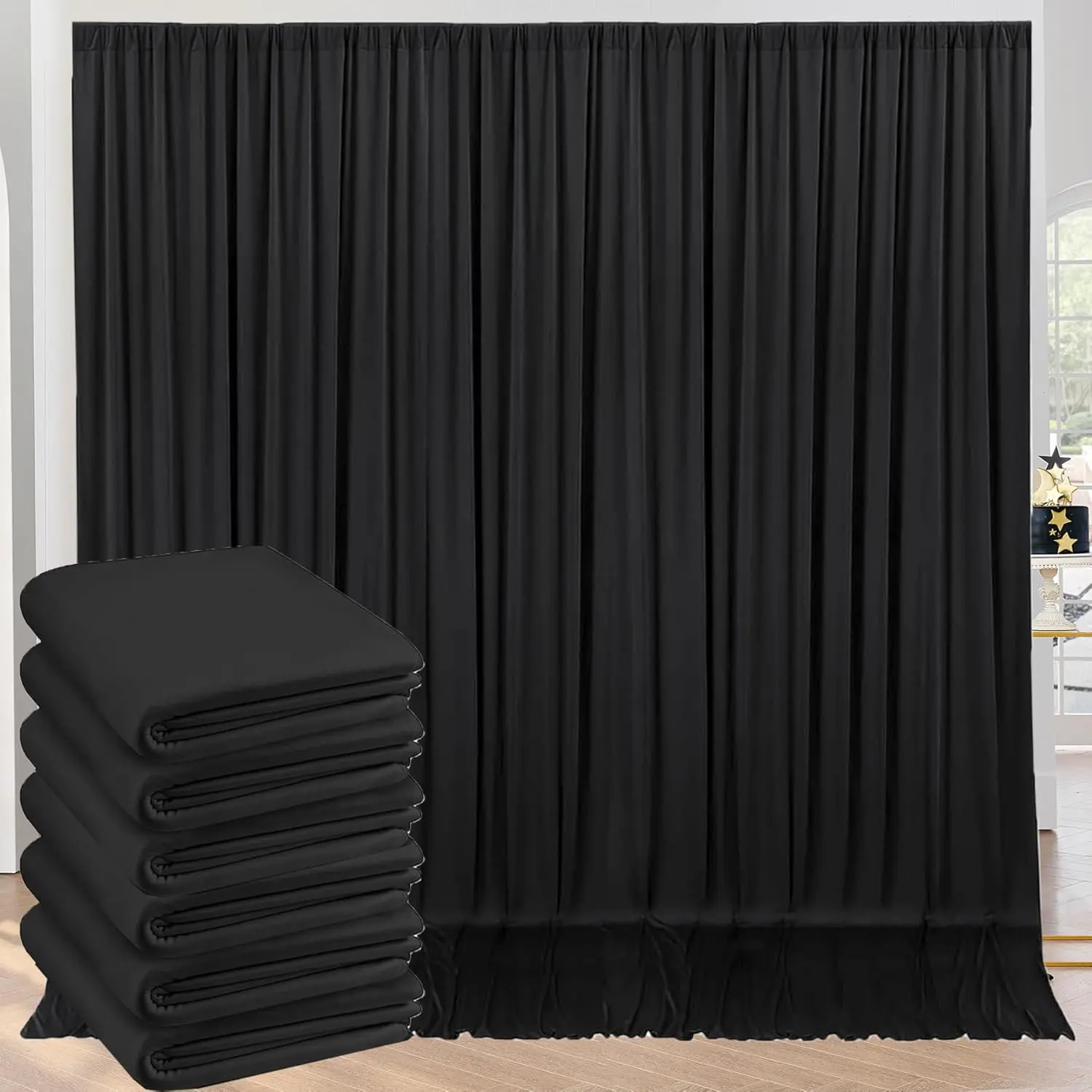 30ft x 10ft Wrinkle Free Black Backdrop for Parties, 6 Panels 5X10ft Black Photo Backdrop Drapes Back Drop Cloth for Birthday Wedding Photography Background
