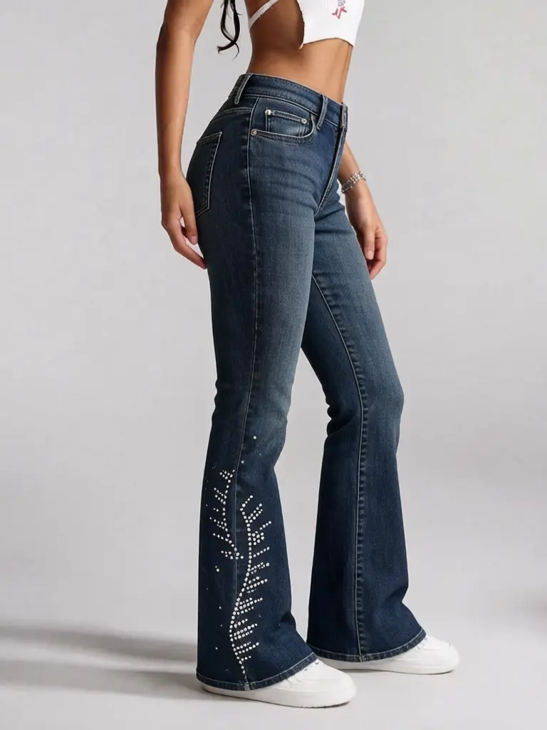 Women's Flare Jeans, Women High Waist Rhinestone Leaf Flare Jeans Vintage Stretch Bootcut Denim Pants Sparkly Rivet Bell Bottom Trousers