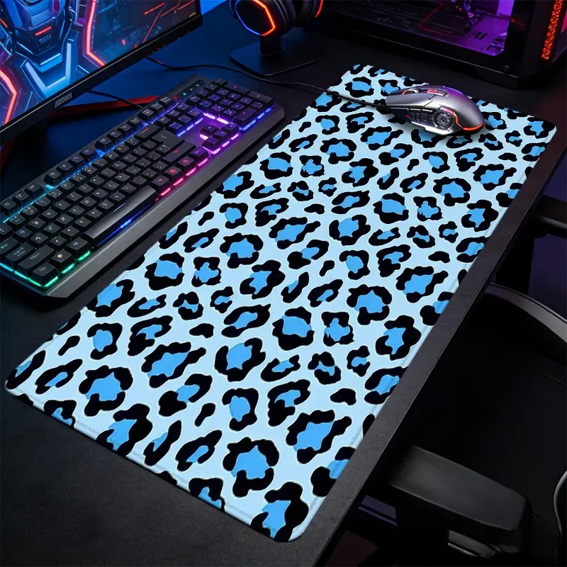 Vibrant Light Blue Leopard Print Large-Sized Gaming Mouse Pad, Wild Animal Pattern Desk Mat, Anti-Slip Rubber Lock Edge High-Definition Printing, Suitable For Animal Print Lovers, Great Gift For Bold & Stylish Desk Setup