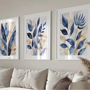 Blue Botanical Prints Set of 3, Abstract Printable Wall Art, Modern Living Room Wall Decor, Blue Leaves Bedroom Poster, Hallway Print. Poster (PRODUCT DOES NOT INCLUDE FRAME)