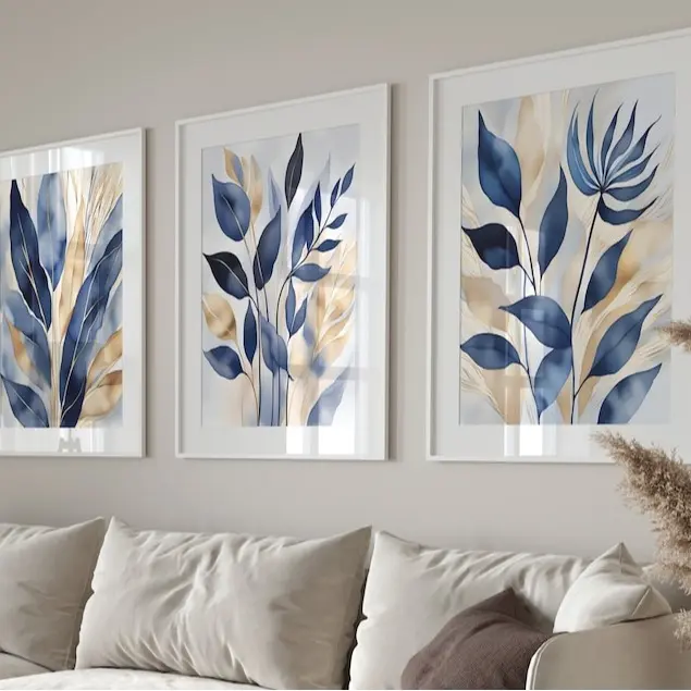 Blue Botanical Prints Set of 3, Abstract Printable Wall Art, Modern Living Room Wall Decor, Blue Leaves Bedroom Poster, Hallway Print. Poster (PRODUCT DOES NOT INCLUDE FRAME)