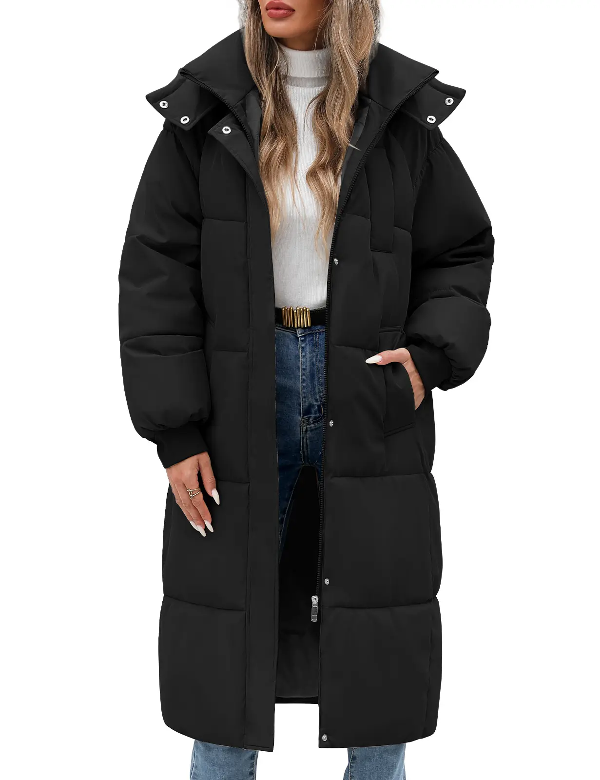 FASHORA Women's Long Quilted Coat Winter Thicken Warm Puffer Jacket Fashion Hooded Zip Up Parka Outerwear with Pockets