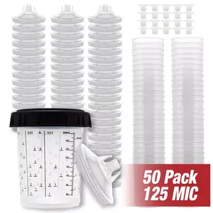 SJPACK 50Packs PPS CUPS Disposable Paint Spray Gun Cup Liners and Lid System 400ml/600ml/800ml with 125-micron Strainers & Sealing Plugs for GFG GTI TTS TT Models