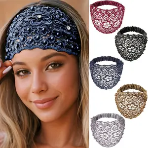 Women's Bohemian Vintage Wide Hairband Set of 5 with Beads and Lace, Elastic Net Fabric Headwear for Daily Wear, Weddings, Festivals