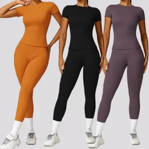 Women Casual Workout Sets 2 Pieces Lounge Wear Yoga Outfits Short Sleeve Top Elastic High Waist Legging